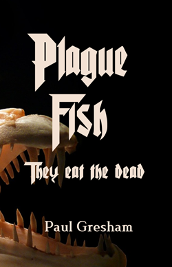 Skeleton of fish used in book cover for horror story about 'plague fish' which eat the submerged dead victims of the Great Plague.