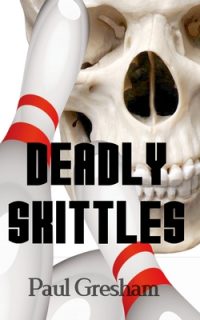 Skull with bowling alley skittles used in book cover for horror story 'Deadly Skittles.'